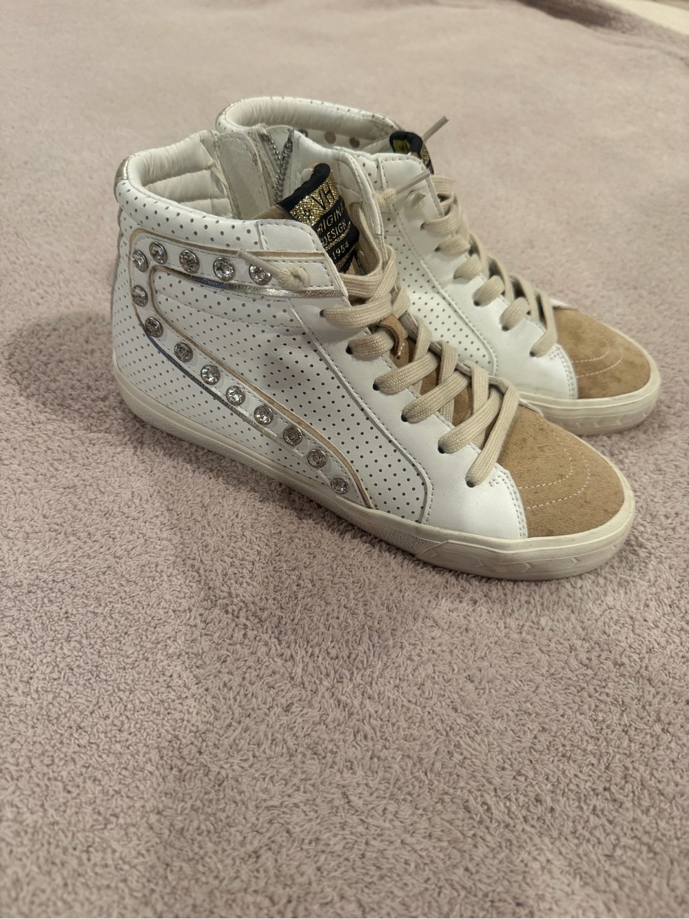 Vintage Havana White and Tan Crystal-Embellished High-Top Sneakers